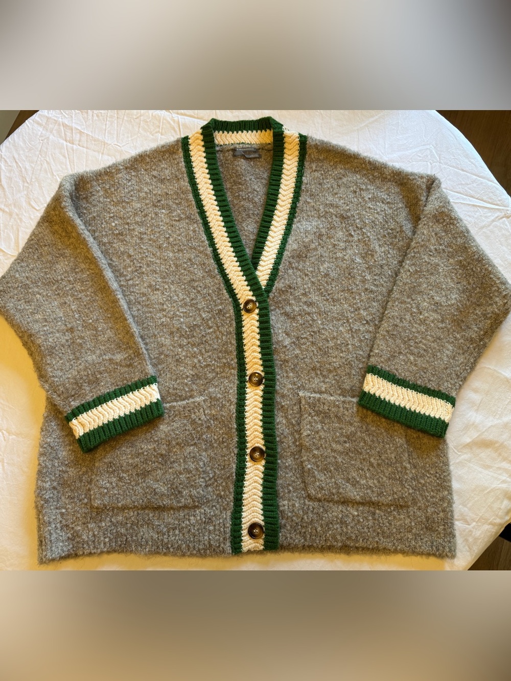 by Anthropologie Bouclé V-Neck Cardigan Sweater Green Trim XL